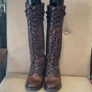 Freebirds Women's Tall Granny Lace-Up Brown Leather Riding Boots